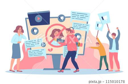 Cartoon Color Characters People and Cancelled Social Media Concept Flat Design Style. Vector illustration of Cancel Culture 115010178