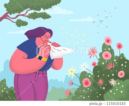 Cartoon Color Character Girl Sneezes into a Handkerchief Allergy Season Concept Flat Design Style. Vector illustration 115010183