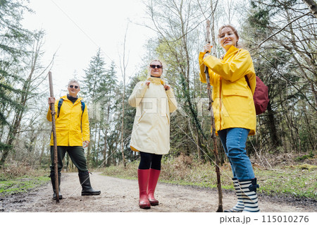 Group of friends walking with backpacks in forest. Trekking travel in adventure lifestyle, nature hiking in vacation holiday with journey. Tourism, hiking, and friendship concept. Outdoor activities Group of friends walking with backpacks in forest. Trekking travel in adventure lifestyle, nature hiking in vacation holiday with journey. Tourism, hiking, and friendship concept. Outdoor activities 115010276
