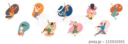 Jumping Man and Woman Character with Happy Face Feeling Joy and Excitement Vector Illustration Set 115010301