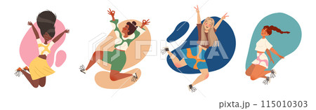 Jumping Woman Character with Happy Face Feeling Joy and Excitement Vector Illustration Set Jumping Woman Character with Happy Face Feeling Joy and Excitement Vector Illustration Set 115010303