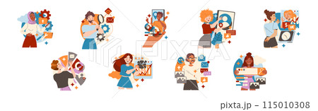 People Character Working with Information Analyzing and Browsing Data Vector Illustration Set People Character Working with Information Analyzing and Browsing Data Vector Illustration Set 115010308