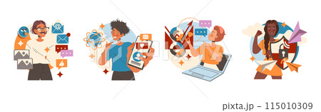 People Character Working with Information Analyzing and Browsing Data Vector Illustration Set People Character Working with Information Analyzing and Browsing Data Vector Illustration Set 115010309