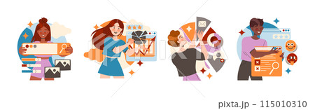 People Character Working with Information Analyzing and Browsing Data Vector Illustration Set 115010310