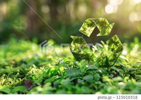A plantthemed recycling symbol surrounded by lush green leaves 115010318