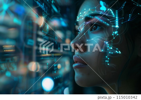 A woman stands by a robot on a street in the city 115010342