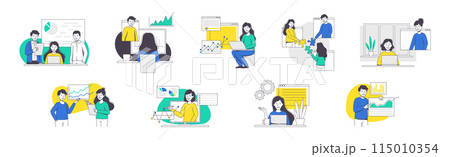 Online Conference with Business People Making Presentation and Showing Graph Outline Vector Set Online Conference with Business People Making Presentation and Showing Graph Outline Vector Set 115010354