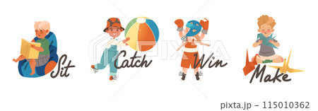 Little Boy and Girl Verb Expressing Action for Kids Education Vector Illustration Set Little Boy and Girl Verb Expressing Action for Kids Education Vector Illustration Set 115010362