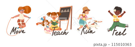 Little Boy and Girl Verb Expressing Action for Kids Education Vector Illustration Set Little Boy and Girl Verb Expressing Action for Kids Education Vector Illustration Set 115010363