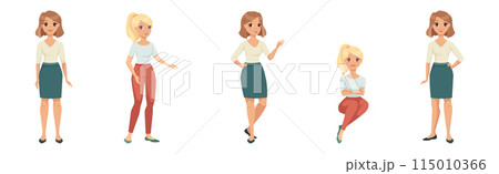 Woman Character in Skirt and Pants in Standing and Sitting Pose Vector Illustration Set Woman Character in Skirt and Pants in Standing and Sitting Pose Vector Illustration Set 115010366