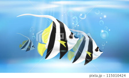 3D Tropical fishes vertical wallpaper. Striped Angel Fish, black and white colors. Transparent background. Exotic aquarium fishes isolated vector illustration 115010424