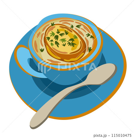 French onion soup in a cup. Vector isolated illustration 115010475