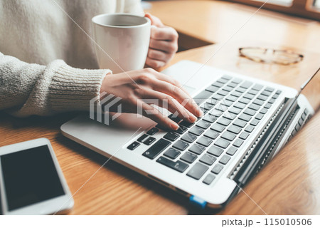 Young woman working in home on her laptop computer. Remote work concept. 115010506