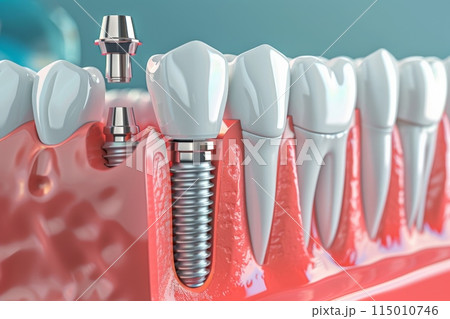 The concept of dental implants. A 3D rendering showing a dental implant placed between teeth 115010746