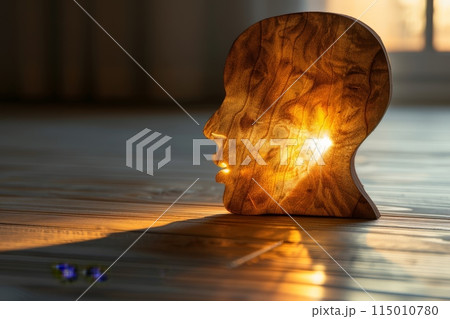 Wooden Face Silhouette Illuminated by Sunlight Wooden Face Silhouette Illuminated by Sunlight 115010780