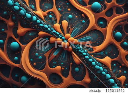 Intricate biologic forms in blue and orange hues resembling cellular structures or underwater organisms, Generative AI. 115011262