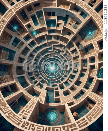Architectural design forming a circular maze like pattern with detailed carvings and decorations, and glowing turquoise elements illuminate parts of the structure, Generative AI. Architectural design forming a circular maze like pattern with detailed carvings and decorations, and glowing turquoise elements illuminate parts of the structure, Generative AI. 115011338