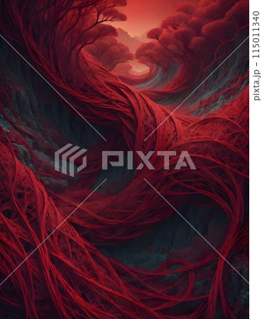 Red and black abstract painting of a twisted, tangled mass of threads with the lines seemingly twisting and turning in all directions, Generative AI. 115011340