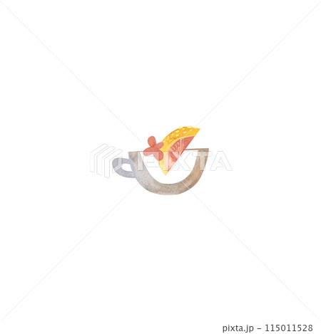 Herbal tea: glassware, teapot, cup and green plant branches, flowers and lemon. Illustration for design of packaging of tea, sweets, cosmetics. Clipart. 115011528