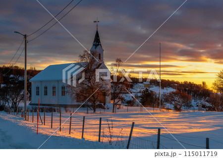 Church in Sandsoy in the early evening light of the beginning of winter, Lofoten, Norway Church in Sandsoy in the early evening light of the beginning of winter, Lofoten, Norway 115011719