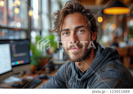 A male web developer at work in a modern office 115011889