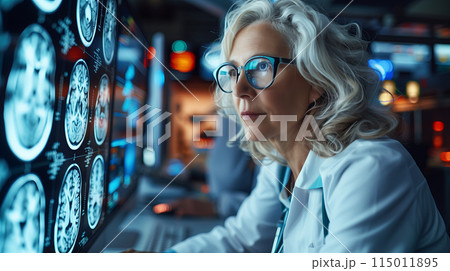 A middle-aged neurologist doctor examining the result of a brain CT scan 115011895