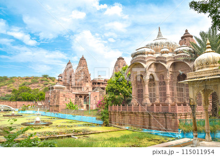Front view inside of Mandore Gardens with amazing cenotaphs, ruins and temples 115011954