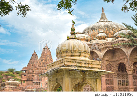 Front view inside of Mandore Gardens with amazing cenotaphs, ruins and temples 115011956