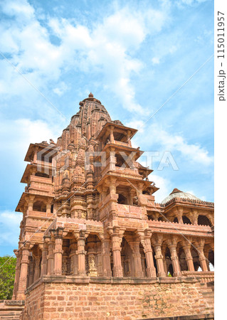 Front view inside of Mandore Gardens with amazing cenotaphs, ruins and temples 115011957