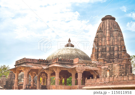 Front view inside of Mandore Gardens with amazing cenotaphs, ruins and temples 115011958