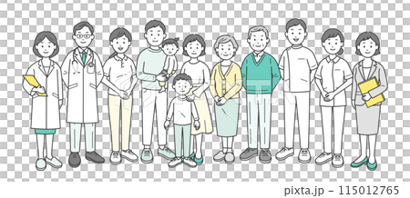 A full-body illustration of an elderly couple, their family, a doctor, a nurse, a caregiver, and a care manager/nutritionist 115012765