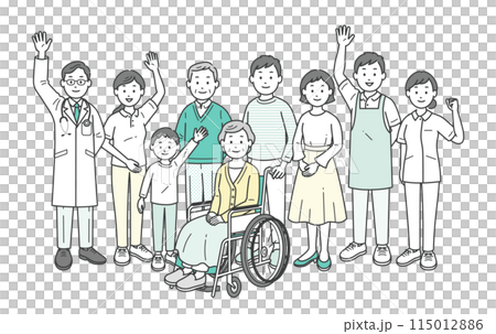 高齢者夫婦と家族と医師と看護師と介護士とケアマネージャーが集合して手を振る全身イラスト 115012886