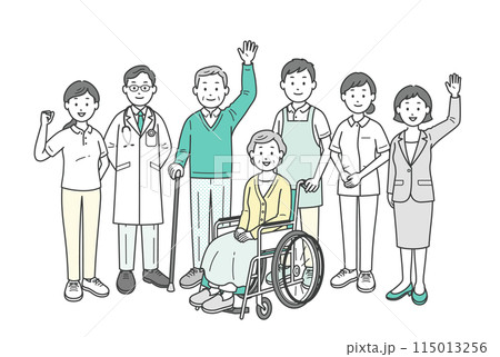 高齢者夫婦と家族と医師と看護師と介護士とケアマネージャーが集合して手を振る全身イラスト 高齢者夫婦と家族と医師と看護師と介護士とケアマネージャーが集合して手を振る全身イラスト 115013256