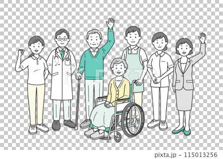 高齢者夫婦と家族と医師と看護師と介護士とケアマネージャーが集合して手を振る全身イラスト 高齢者夫婦と家族と医師と看護師と介護士とケアマネージャーが集合して手を振る全身イラスト 115013256