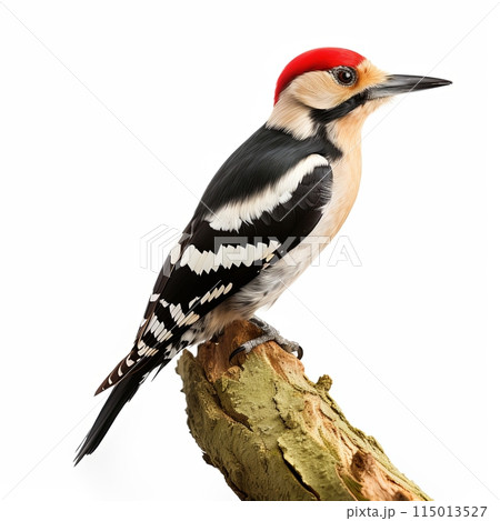 A realistic painting of a great spotted woodpecker, perched on a branch. 115013527