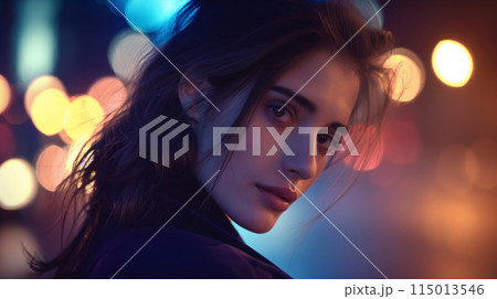 夜の街と美しい女性のポートレート 115013546