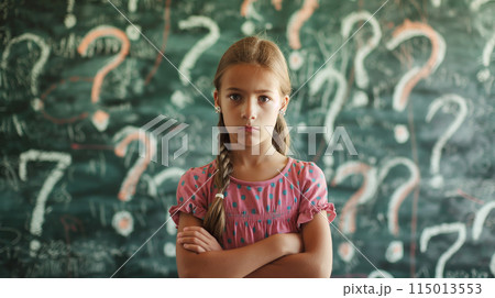 考え込む少女と黒板のクエスチョンマーク 115013553