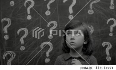 疑問を抱く少女と黒板のクエスチョンマーク 115013554