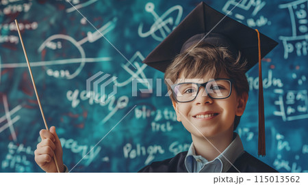 賢い少年が黒板前で指示棒を持つ 115013562