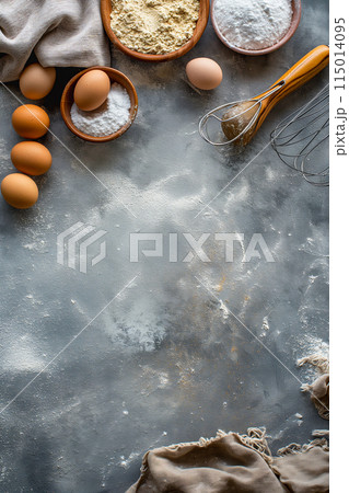 A table with a variety of ingredients, including eggs, flour, and sugar 115014095