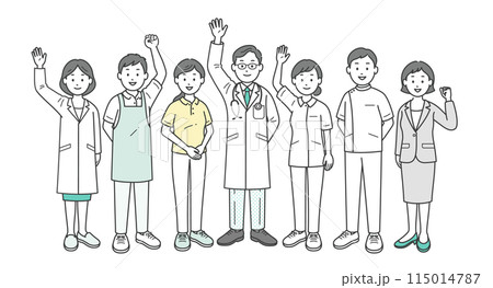 地域の社会福祉を支える医師と看護師と介護士とケアマネージャーと栄養士が集合した全身イラスト 115014787