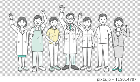 地域の社会福祉を支える医師と看護師と介護士とケアマネージャーと栄養士が集合した全身イラスト 115014787