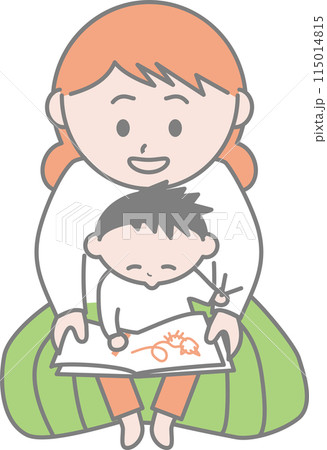 お母さんの膝に座って落書きする男の子 お母さんの膝に座って落書きする男の子 115014815