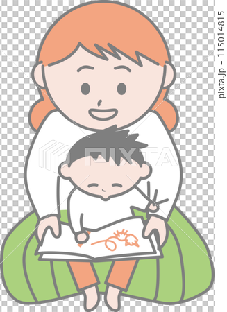 A boy sitting on his mother's lap and drawing A boy sitting on his mother's lap and drawing 115014815