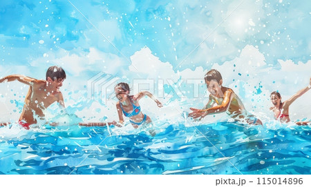 Illustration of kids playing and splashing in the water on a sunny beach day. Fun and energetic summer activity 115014896