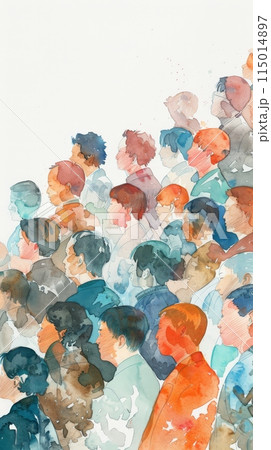 Watercolor illustration of a diverse crowd of people seen from the side. Highlighting diversity and public monitoring. Watercolor illustration of a diverse crowd of people seen from the side. Highlighting diversity and public monitoring. 115014897
