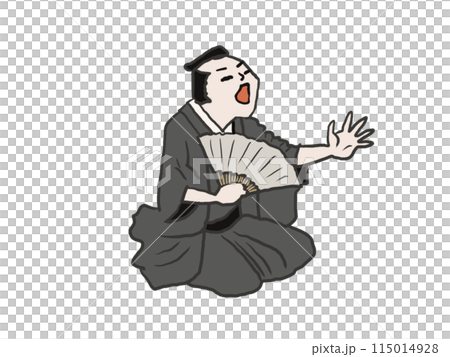 扇子を持って身振り手振りをしながら話す噺家 115014928