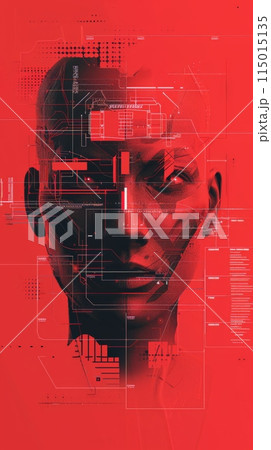 Digital face with technological patterns and data visualization on red background. Represents biometric authentication, cyber security, and face recognition. 115015135