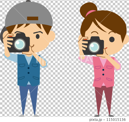 Image illustration of a man and woman holding a single-lens reflex camera 115015136
