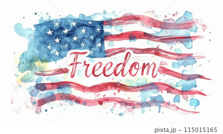 Watercolor American flag with 'freedom' text in red cursive, blue stars and stripes. Ideal for Independence Day. 115015165